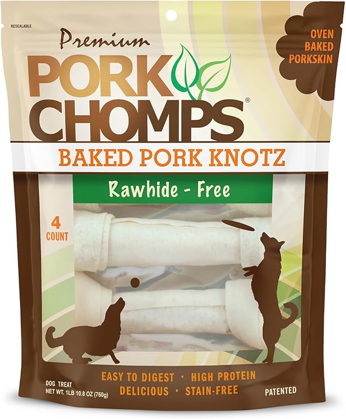 Pork Chomps Baked Pork Skin Dog Chews, 11 Inch Knots, 4 Count, 1 Pack - Long-Lasting Treats for Dogs - High Protein, Rawhide-Free, Low Fat, Healthy & Delicious Chews