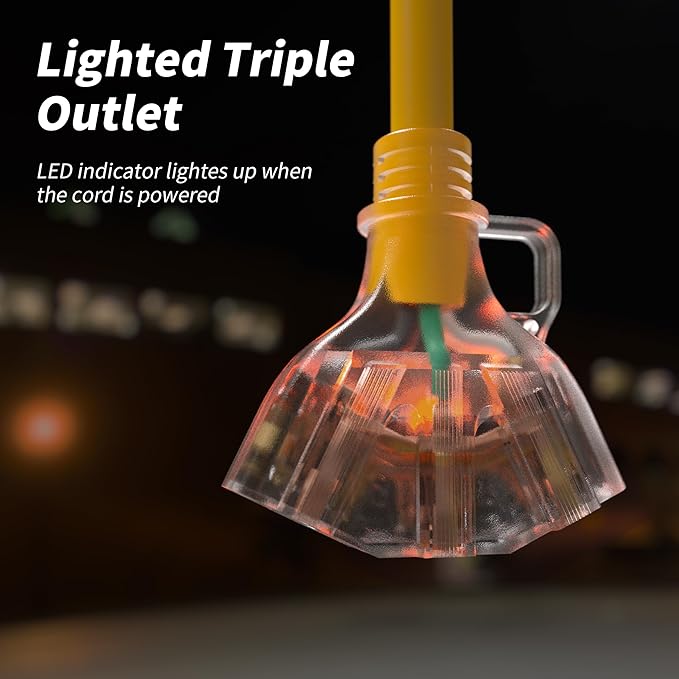 50 FT 12/3 Gauge Outdoor Extension Cord with Multiple Outlets Light Indicator, Flexible 3 Outlet Weatherproof Heavy Duty Extension Cord Waterproof Yellow, 15A 1875W 12AWG SJTW, ETL Listed