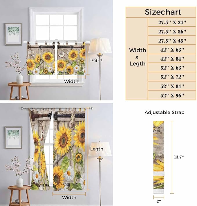Farmhouse Sunflowers Bathroom Curtains 63 Inch Length, Window Curtains Tab Top