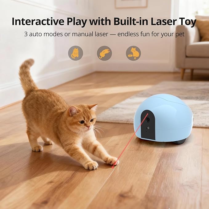 Pet Camera Robot with Treat Dispenser & Laser Toy, Motion Detection, HD Video, Night Vision, 2-Way Audio, Mobile Feeder for Cats & Dogs, App Control & Auto, AI Push with Subscription