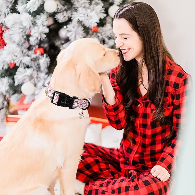 Christmas Dog Collar for Small Dogs - Cute Santa Print Pink Christmas Collars for Dogs, Soft Adjustable Winter Holiday Dog Collars with Quick Release Buckle S