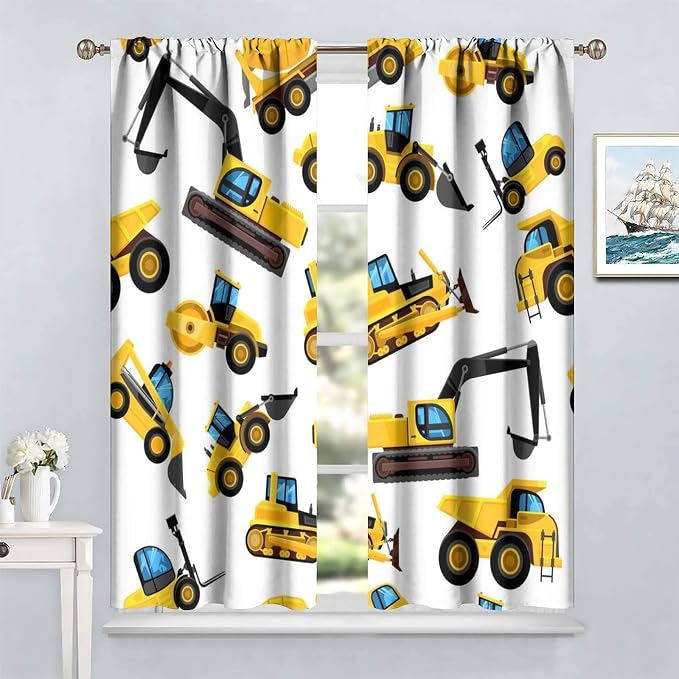 Kids Construction Equipment Window Curtains, Excavator Tractor Tow Truck Rod