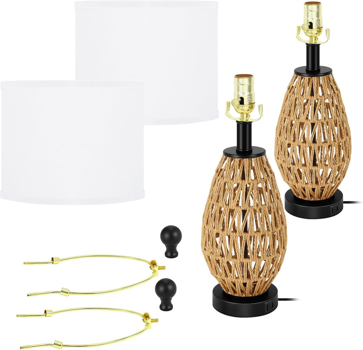 Coastal Table Lamps Set of 2, Retro Rattan Woven 24" Bedside Lamp, for Bedroom Living Room Home Nightstand Table Lamp(with USB C+A 5V 2.1A Charging Ports)