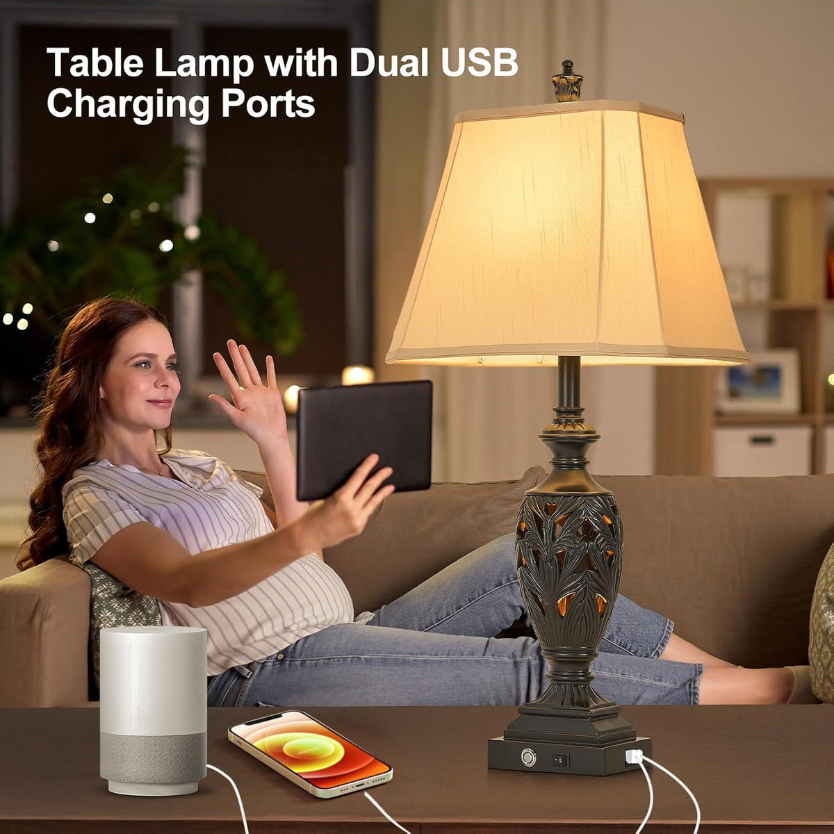 AIDENOEY 29.5" Touch Control Traditional Table Lamp Set of 2 with USB A+C