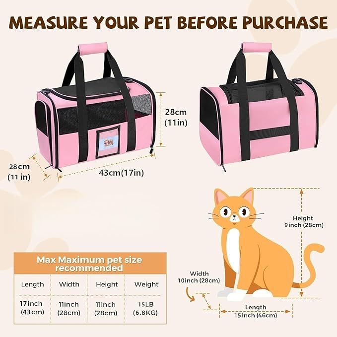 Soft Cat Carrier for Pets Up to 25 lbs, Cat Pet Travel Bag with Padded Shoulder Strap and Detachable Cat Food Bowl, Pet Dog Carriers for Small Dogs and Puppies, Travel Carry, Pink