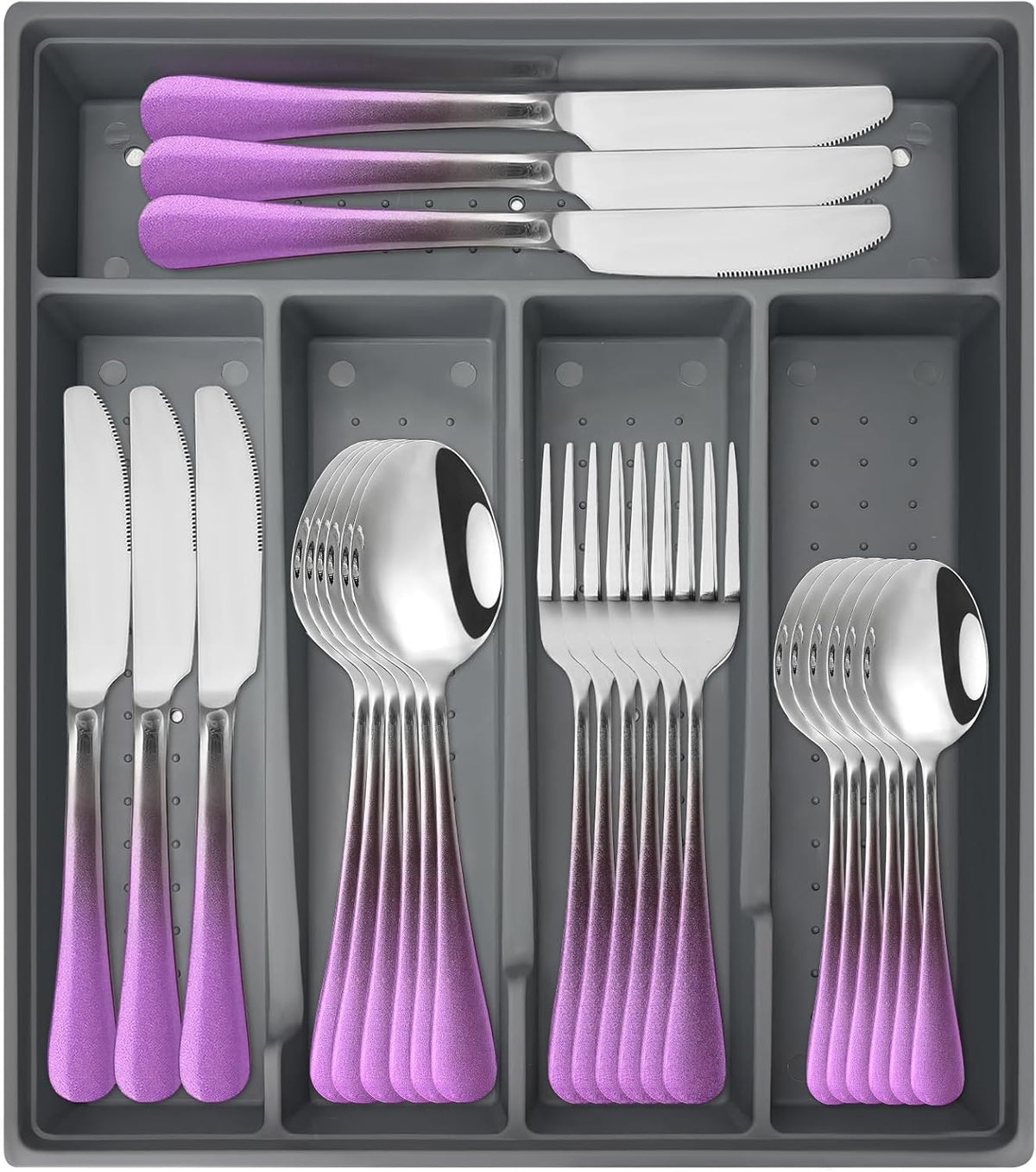 24-Piece Flatware Set with Organizer,Gradient Pink Gold Silverware Set for Family Dining Room,Cutlery Utensil Sets with Antiskid Handle, Mirror Polished (Purple Silver)