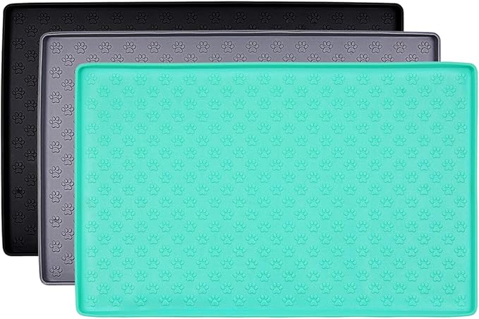 Silicone Cat & Dog Bowl Mat, Non-Slip Pet Feeding Mat - Waterproof Dog & Cat Placemat (18.5"x11.8", Mint Green Paw Pattern)
