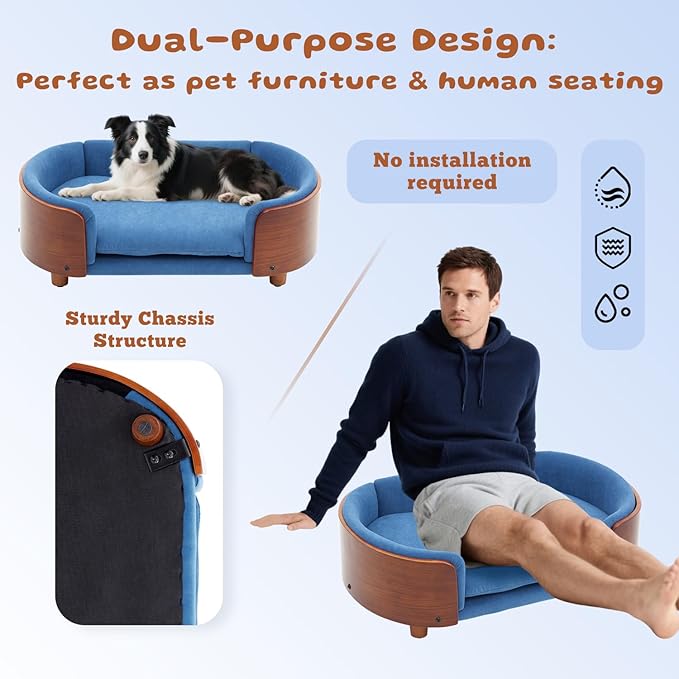 Modern Elevated Dog Sofa, Small Dog Couch with Removable Washable Cover Ultra-Soft Crystal Velvet Sofa Bed for Cute Cats and Small Dogs Suitable for Pets or Cats Under 22 lbs,Blue Boat Shape, S