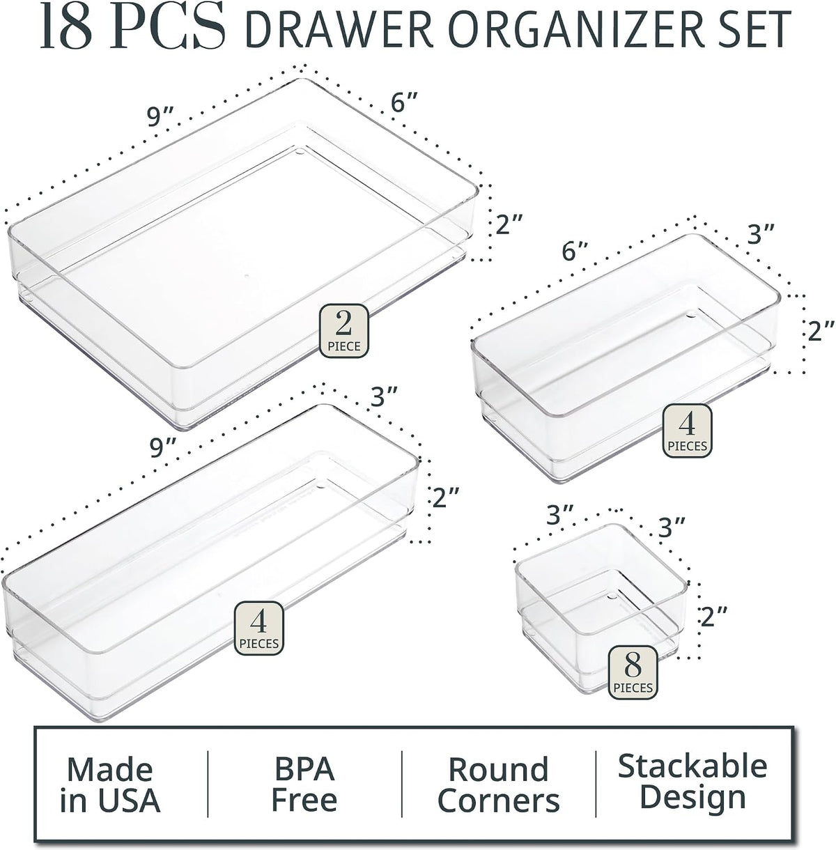 STORi SimpleSort 18-Piece Stackable Clear Drawer Organizer Set | Multi-size Trays | Makeup Vanity Storage Bins and Office Desk Drawer Dividers | Made in USA