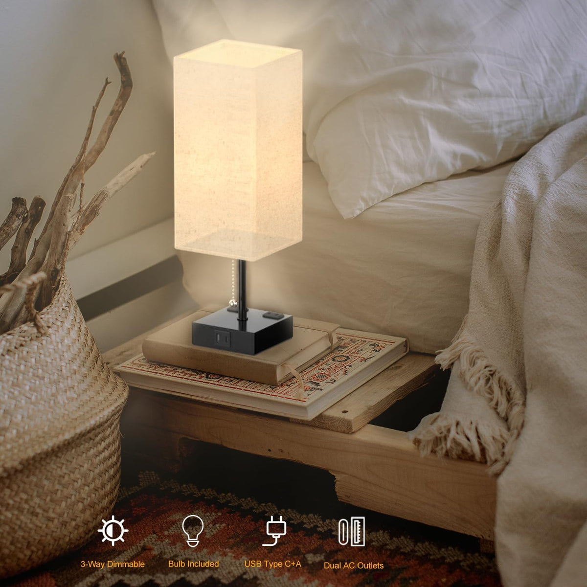 YIDPU Table Lamp for Bedroom with USB,Bedside Lamp with USB C+A Charging Ports,Adjustable 3color LED Light for Home Decor/Nightstand/Office,Included Bulb and Fabric Lamp Shade (Linen White, 2PCS)