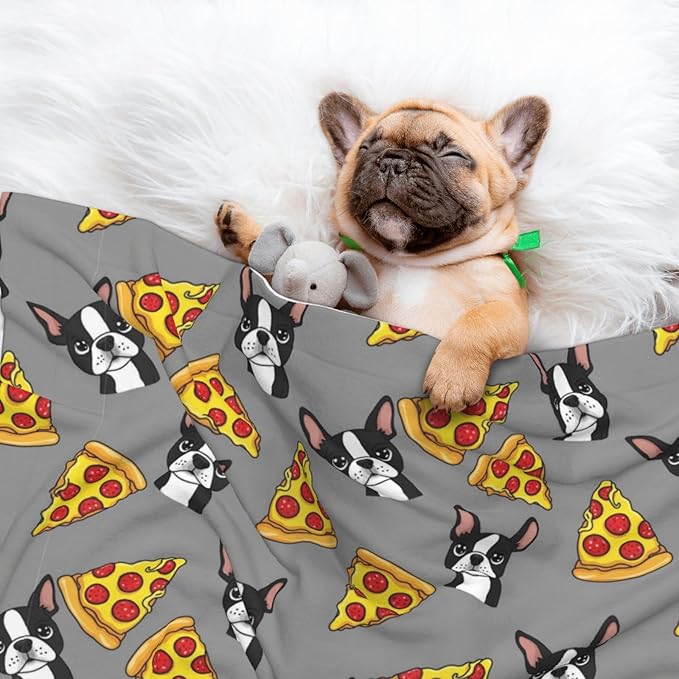 Reversible Plush Throw for Dogs and Cats, Grey Boston Terrier Dog Pizza, Double Sided Blanket with Nubby Dot Side and Sleek Side Ideal for Cuddling Nesting Security