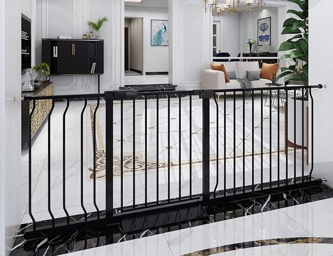 Extra Wide Baby Gate Tension Indoor Safety Gates Black Metal Large Pressure Mounted Pet Gate Walk Through Long Safety Dog Gate for The House Doorways Stairs (66.93"-71.65"/170-182CM, Black)