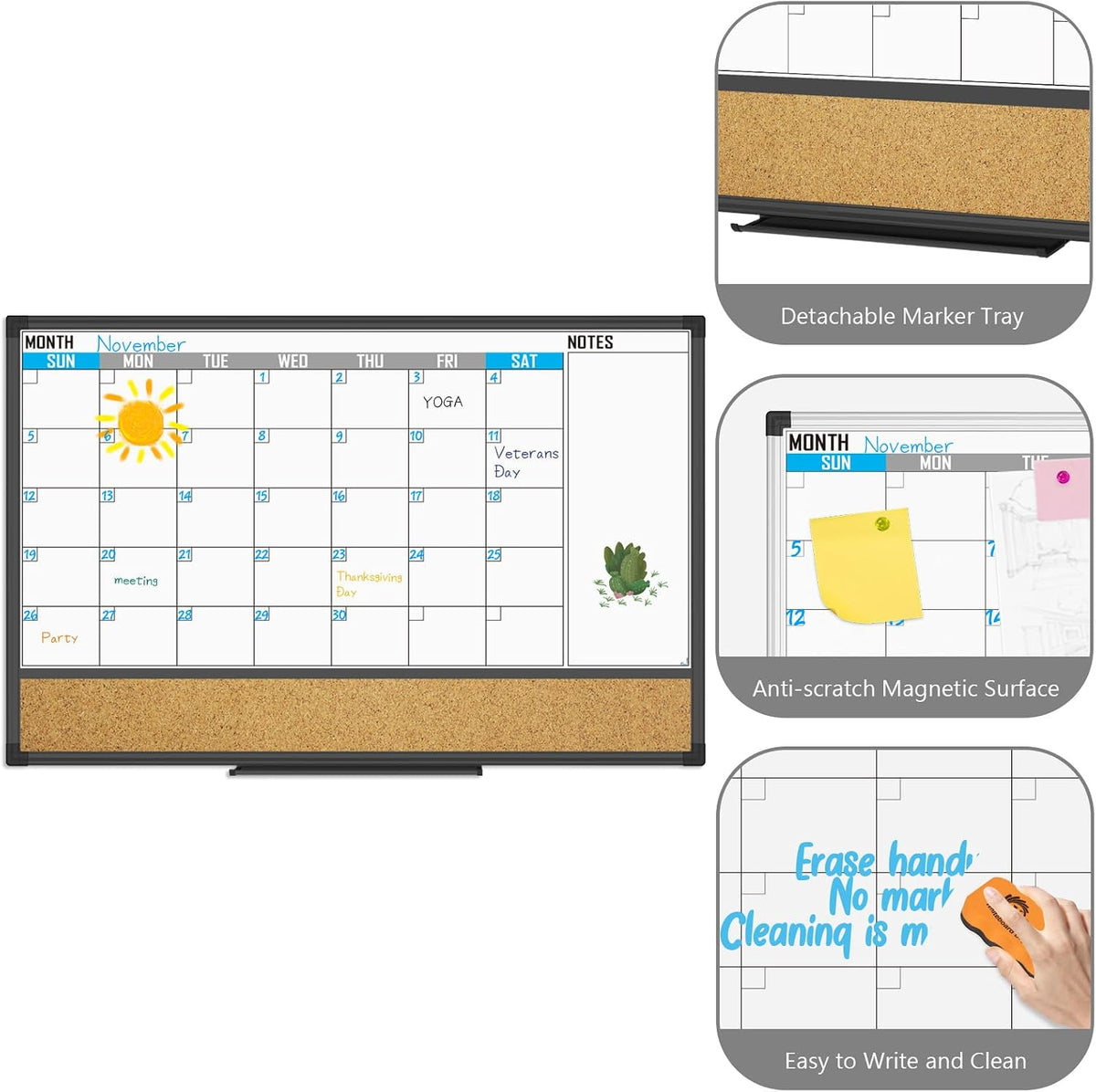 XBoard Dry Erase Calendar Whiteboard Combo 48" X 36" Monthly