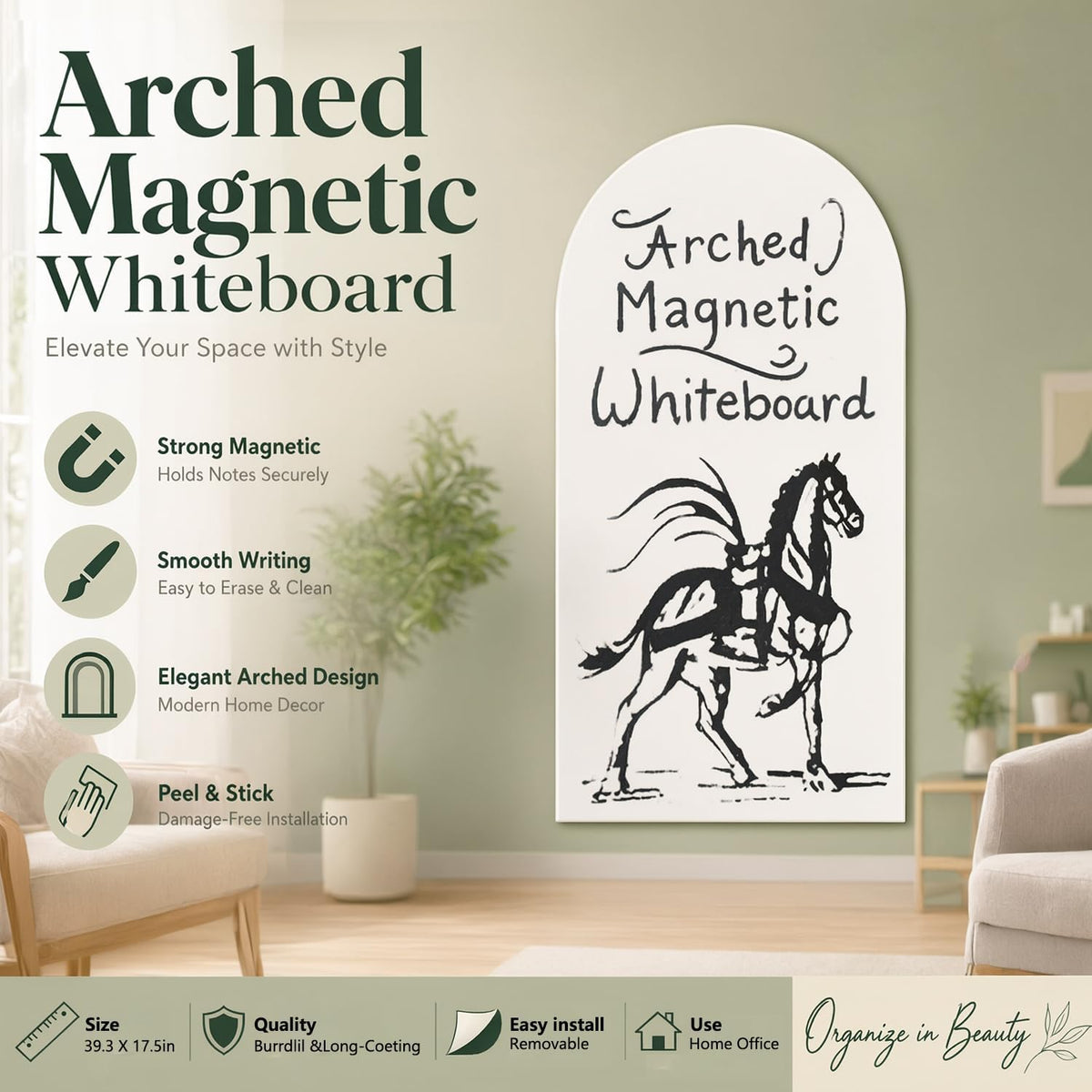 Magnetic Whiteboard Wall Arch Decal 39.3"x17.5" Adhesive Magnetic Dry Erase White Board Sticker with 36 Magnet Letter Removable Contact Paper Peel and Stick Whiteboard Wallpaper Roll