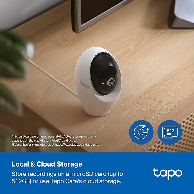 Tapo 4K Indoor Pan/Tilt Wired Security Camera - Works as a Baby Monitor, Person/Pet Detection, Facial Recognition, 360° AI Motion Tracking, Subscription-Free Local Storage or Optional Cloud, C260