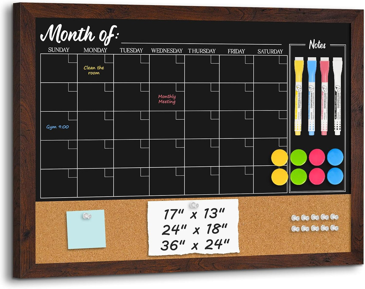 4 THOUGHT Chalkboard Calendar Corkboard Combo 36" x 24", Rustic Brown