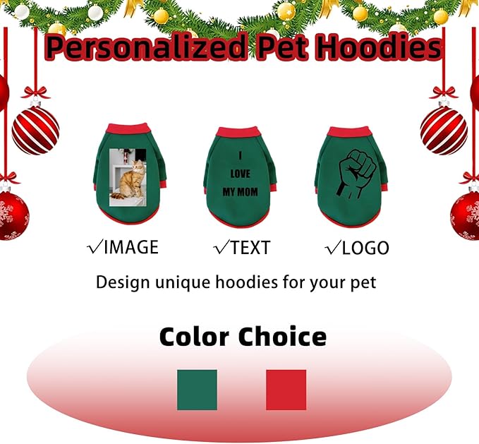 Custom Dog Hoodie, Personalized Sweatshirt with Photo Text Name Logo, Customized Hooded Sweater for Small Medium Large Dogs & Cats (Green + Red Sleeves, Small)
