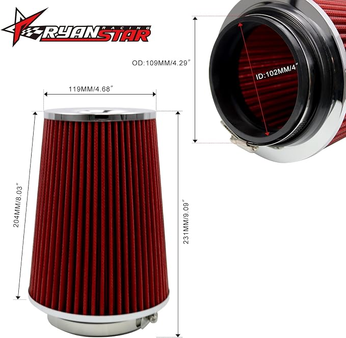 RYANSTAR RACING 102mm 4" High Flow Round Tapered Cone Cool Air Filter Cleaner