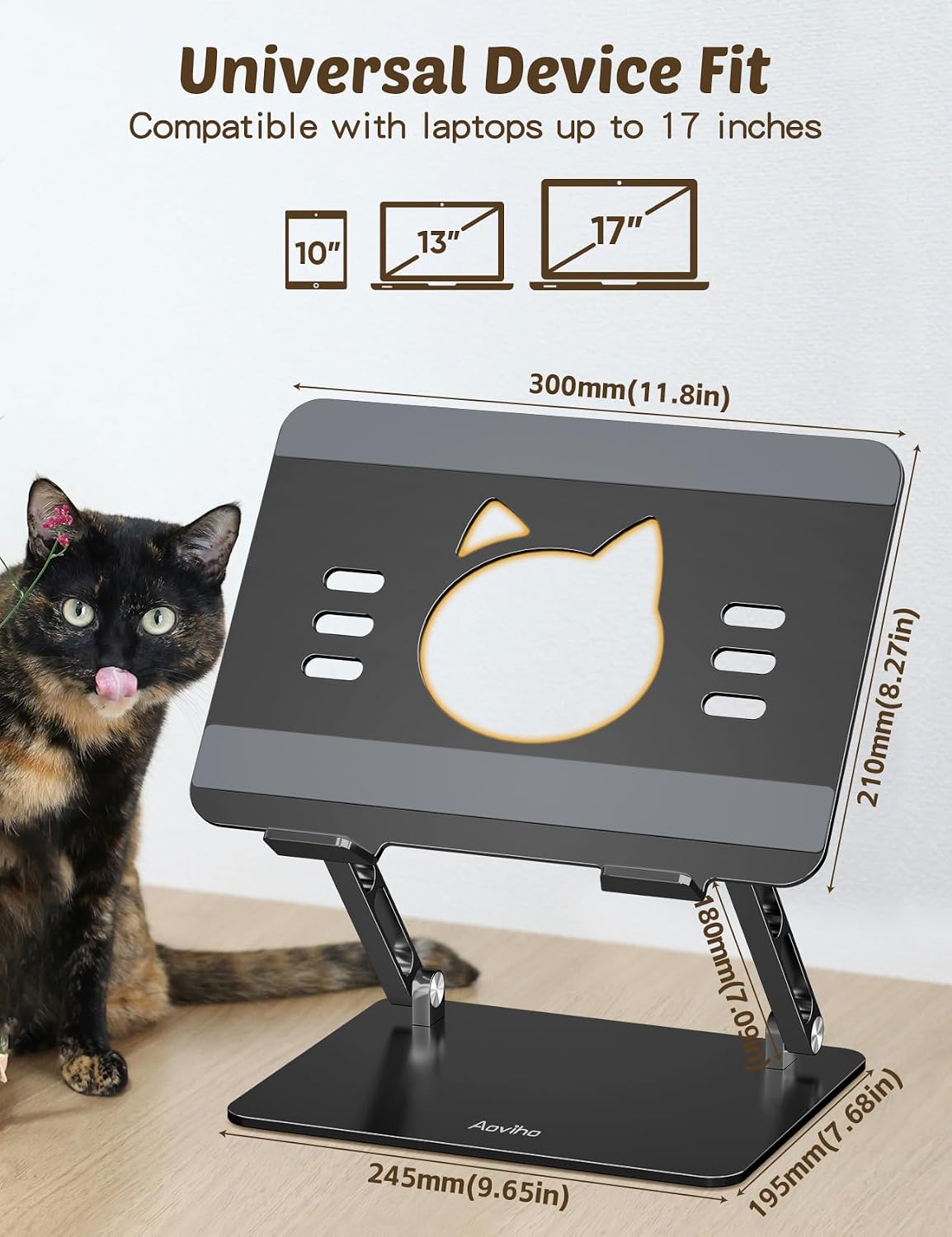 Aoviho Laptop Stand for Desk, Adjustable Foldable Aluminum Laptop Riser for 10–17.3 Inch Laptops – Sturdy Ergonomic Computer Holder, Supports Up to 22 lb, Cooling Vent, Black