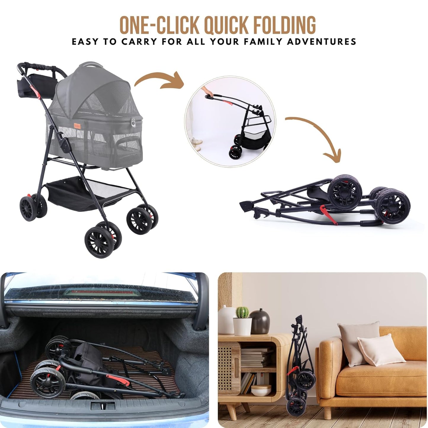 Pet Stroller for Small Dogs Cats with Wheels, Detachable Carrier, Max Load 33 lbs, Easy Folding, Compact Portable, Dog Carriage Cart Car Seat 3 in 1