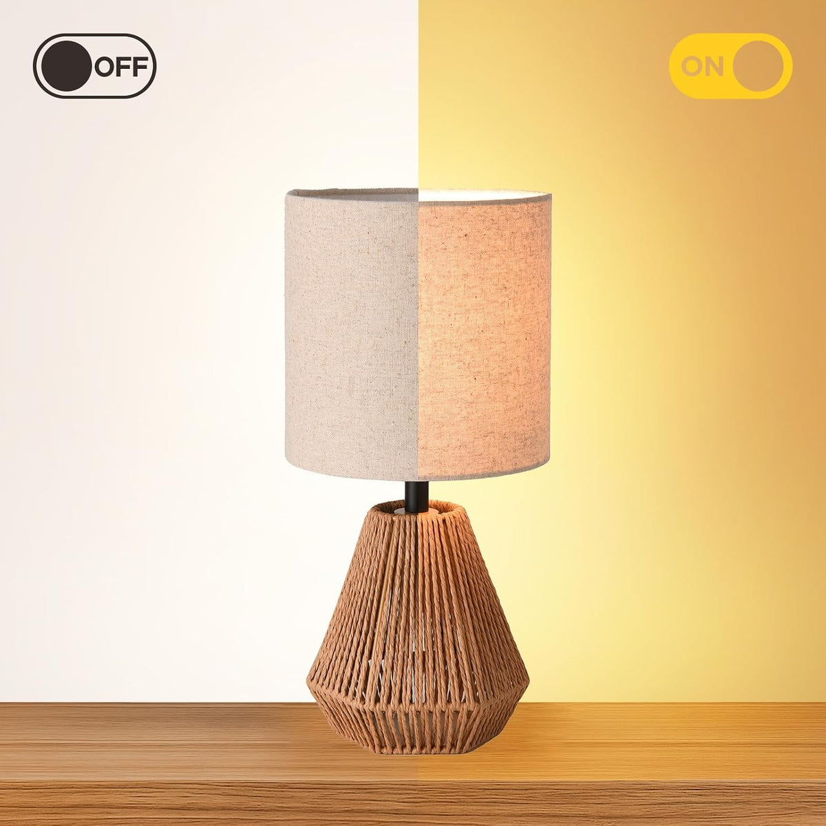 Boho Table Lamp with Linen Drum Shade, 14.17” Bedside Lamp with E26 Rattan Base for Living Room, Bedroom, Office – Natural Woven Style Accent Light, Bulb Not Included