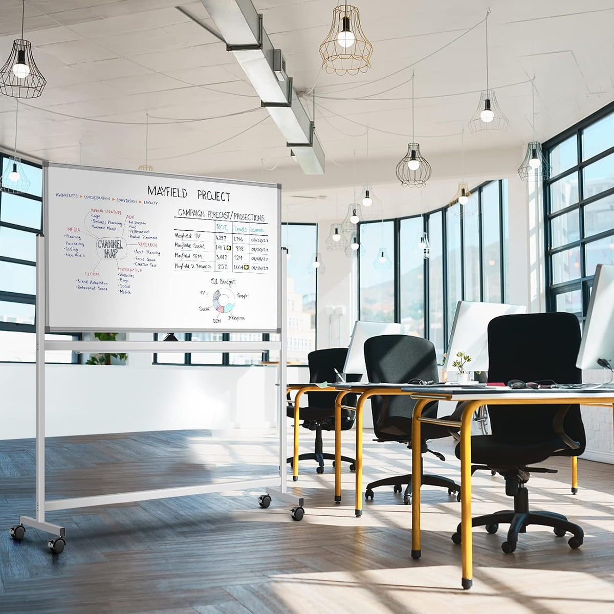 Maxtek Rolling White Board on Wheels 48x32 in, Double-Sided Magnetic Stand