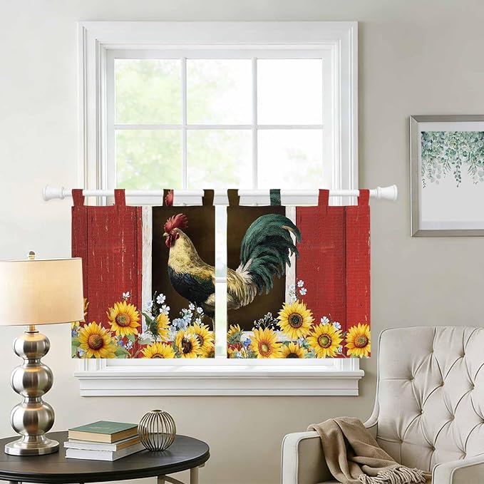 Chicken Sunflowers Kitchen Curtains 36 Inch Length, Small Window Curtains Tab
