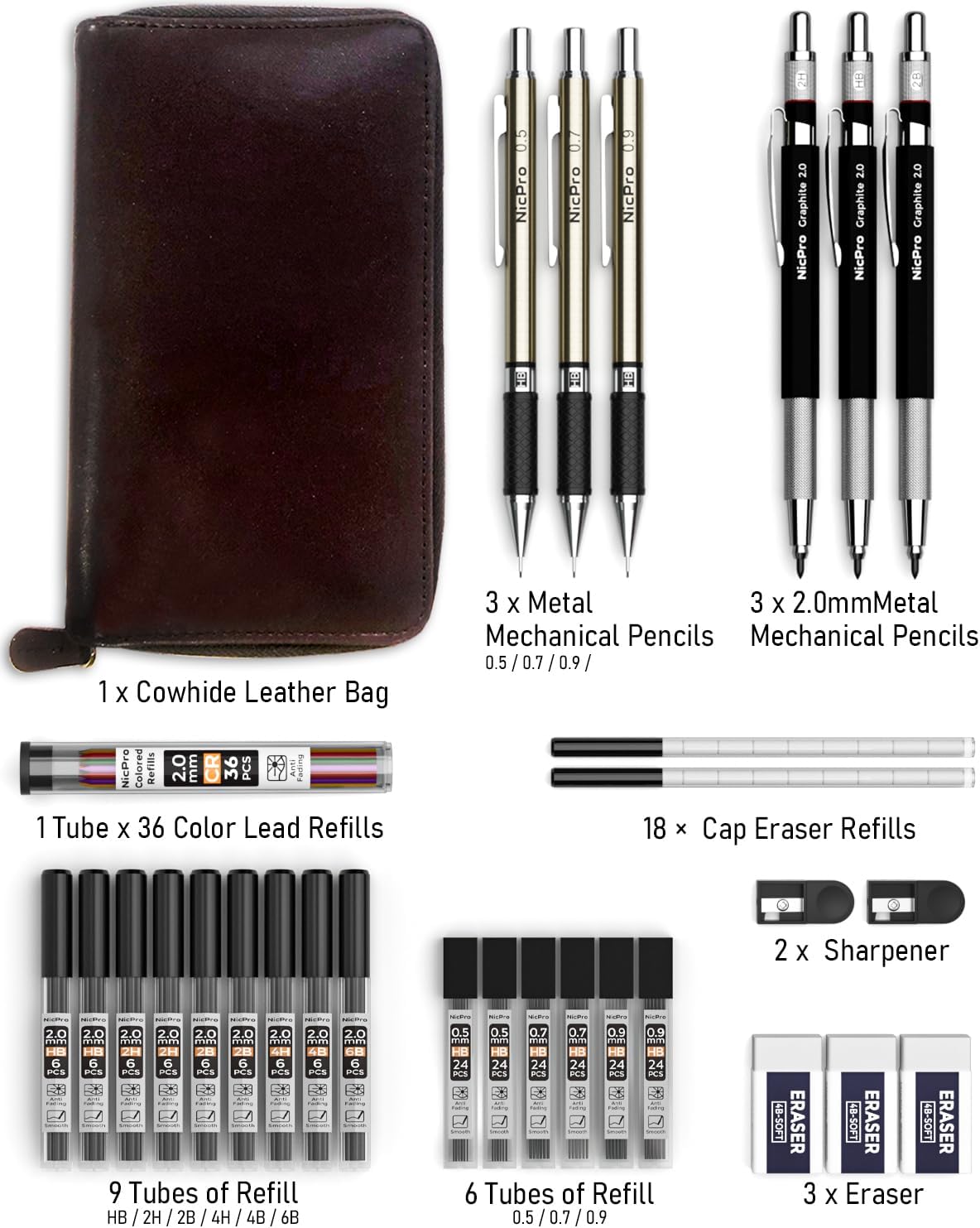 Nicpro 30PCS Art Mechanical Pencil Set in Leather Case
