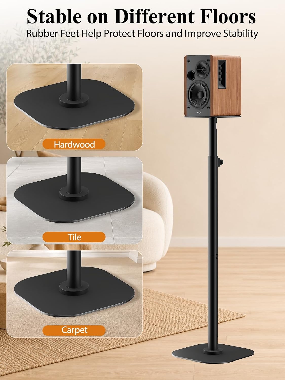 Haturi Universal Speaker Stands Pair, Height Adjustable 35"-49" Floor Speaker Stands for Bookshelf, Satellite & Surround Sound Speakers, 15 lbs Capacity, Dual Cable Management,Black