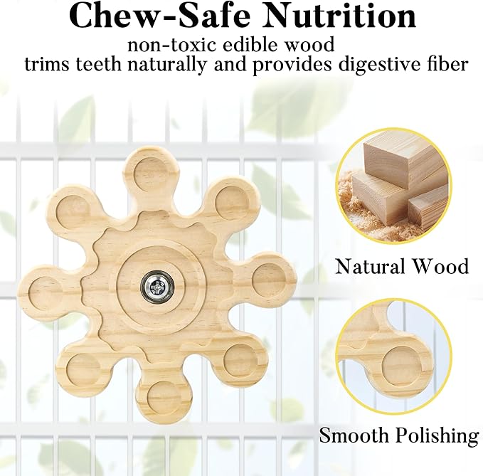 2pcs Rotating Natural Wood Chinchilla Chew Toys for Teeth, Interactive Enrichment Toys, Hanging Exercise Chinchilla Toys for Cage for Playtime, Spinner Cage Accessories Wheel