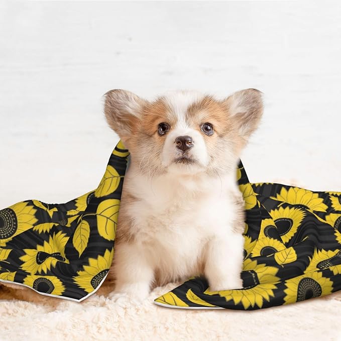 Pet Blanket for Car Rides Vet Visits, Abstract Yellow Sunflower, Two Sided Reversible Plush Design with Bumpy Dot Side Offers Comfort Home Piece On Go Travel