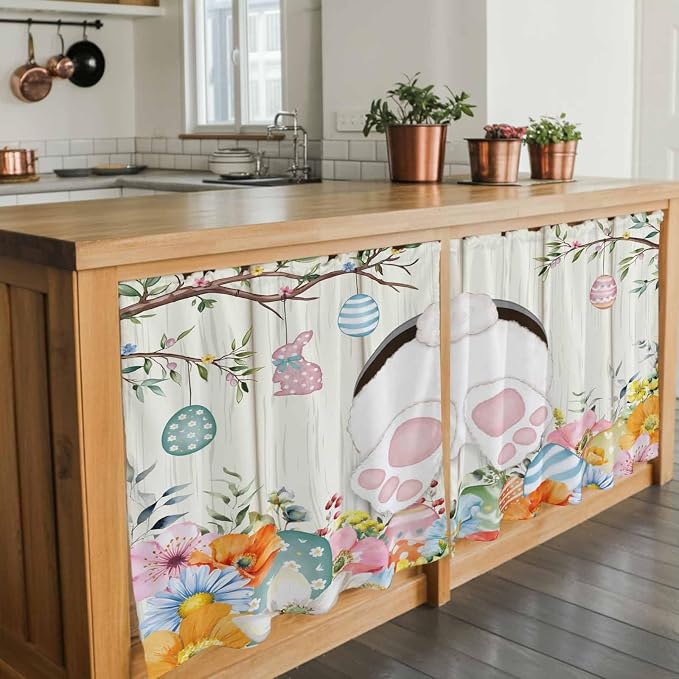 Easter Kitchen Tier Curtains 36 Inch Long 2 Panel Set, Rod Pocket Half Window