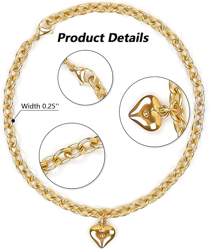 HOWWFALY Dog Collar and Cat Chain Necklace Stainless Steel Adjustable 18K Gold Heart-Shaped Necklace for Small Pets Cats Kitten Puppy (Gold, 7 inch)