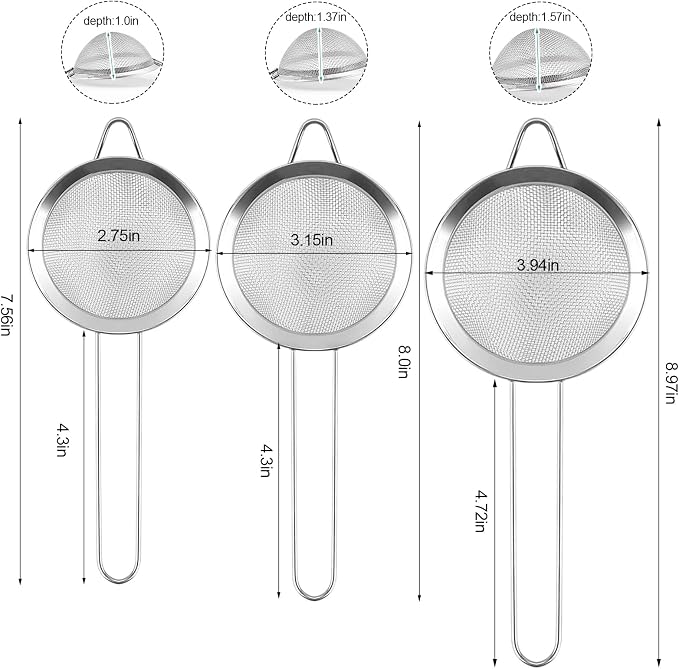 3 Pack Fine Mesh Strainer, Small Stainless Steel Sieves