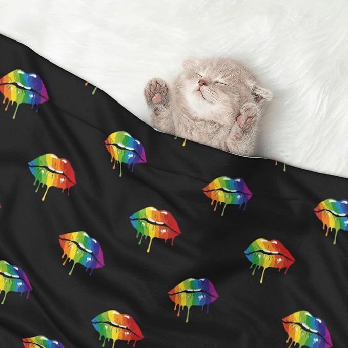 Pet Blanket for Indoor Outdoor Use, LGBT Gay Homosexual Lesbian Rainbow Lips Pride, Two Sided Reversible Plush Mat with Bumpy Dot Texture for Patios Crates Portable Bed Companion