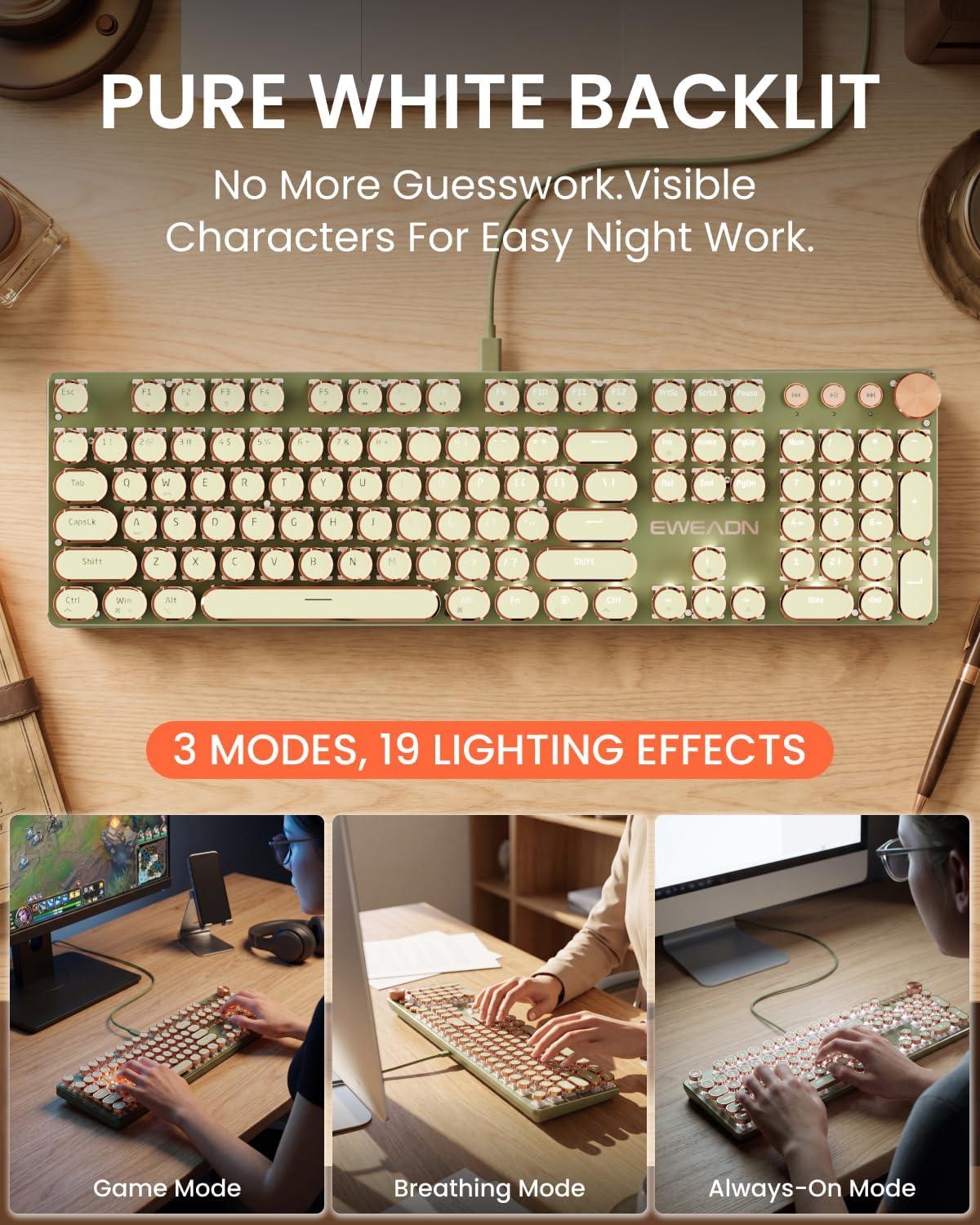 Wired Typewriter Keyboard and Mouse Combo, White Backlit, Soft Clack, Green