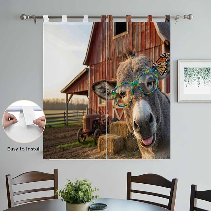 Farm Donkeys Living Room Curtains 84 Inch Length, Window Curtains Tab Top