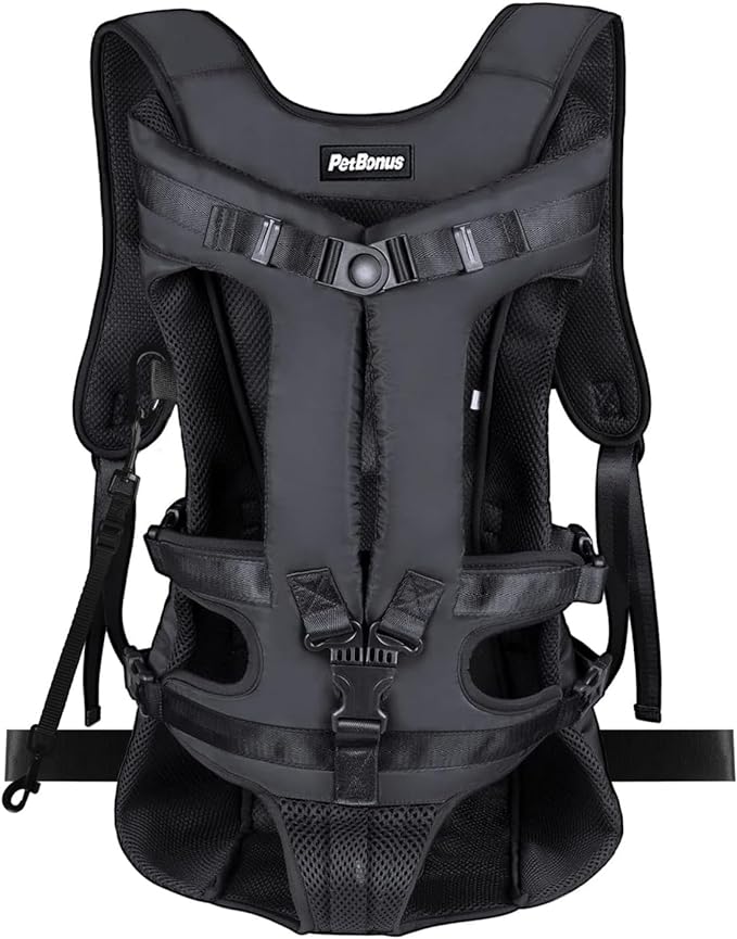 PetBonus Pet Front Dog Carrier Backpacks, Adjustable Pet Backpack, Legs Out Easy-fit Puppy Chest Carrier for Medium Small Dogs, Hands Free for Hiking, Cycling (Black, XL)