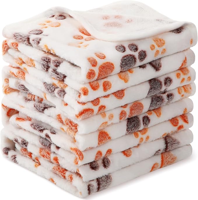 Tatuo 4 Pcs Dog Blanket for Pet Cat Blankets Indoor Puppy Teething Stuff Toys Paw Print Fleece Soft Blanket Sleep Mat for Guinea Pig Cage(White,Small(24 x 16 Inch))