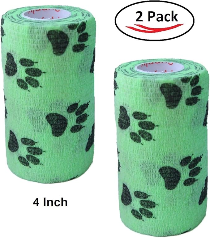 Vet Wrap Wrap Tape (Green with Paw Prints) (2 Pack) (3 Inch x 15 feet) Self Adhesive Adherent Adhering Cohesive Flex Self Stick Bandage Grip Roll Dog Cat Pet Horse