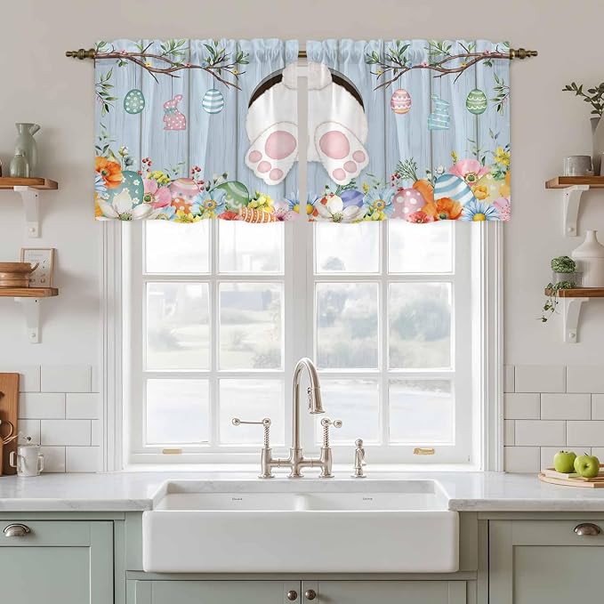 Easter Kitchen Tier Curtains 24 Inch Long 2 Panel Set, Rod Pocket Cafe Small