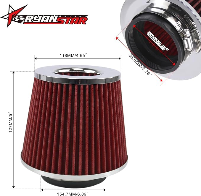 RYANSTAR RACING 83mm 3.25" High Flow Round Tapered Cone Closed-Top Washable