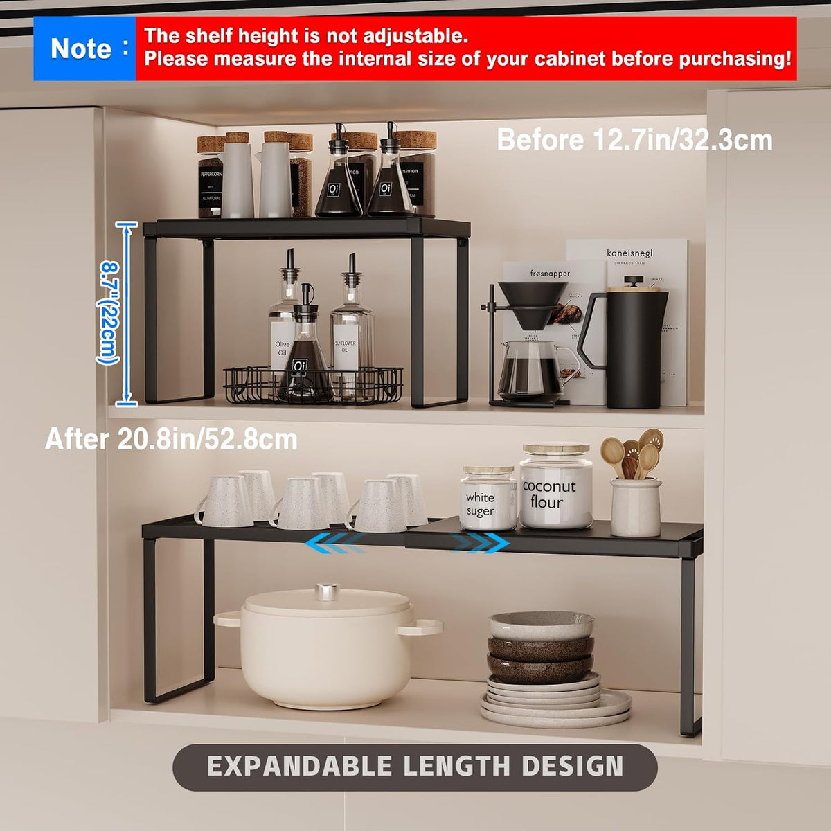 Magheo Expandable Kitchen Countertop Organizer, 2 Pack Stackable Cabinet Shelf Risers, Metal Spice Rack Heavy Duty Counter Organizer Storage for Kitchen, Pantry, Cupboard, Rv (8.7in Height,Black)