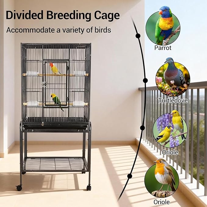 53 Inch Bird Cage with Wooden Perches, Standing Wrought Iron Birdcage with Wheels, Large Parrot Cage Bird Cages with Slide-Out Tray Water Bottle Feeder for Parakeets,Cockatiel, Canary,Pigeons