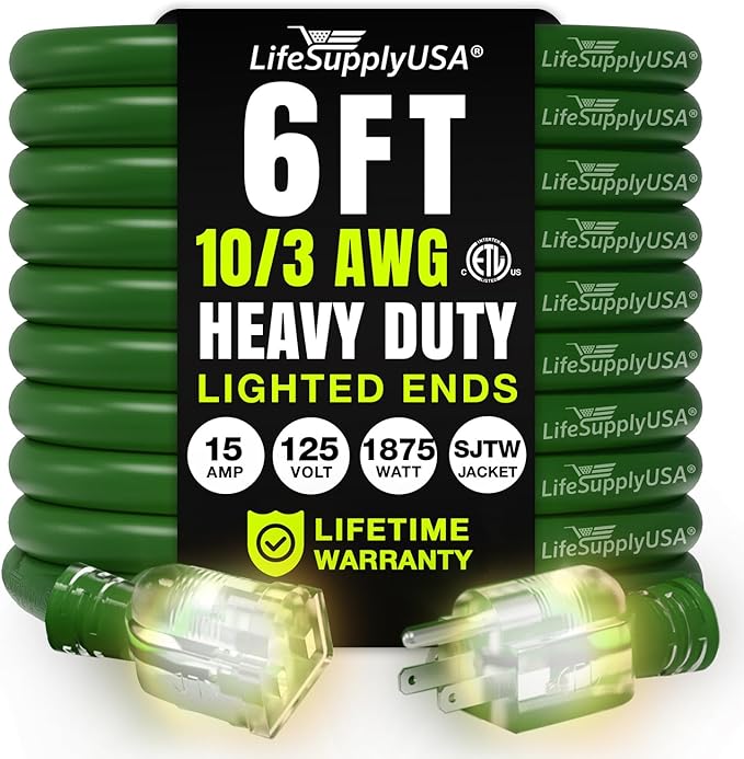 6ft Outdoor/Indoor Extension Cord 10/3 Gauge Ultra Heavy Duty 3 Prong SJTW, Waterproof, ETL Listed, Flexible Cold-Resistant Long Power Cord,15A 125V 1875W, Green by LifeSupplyUSA