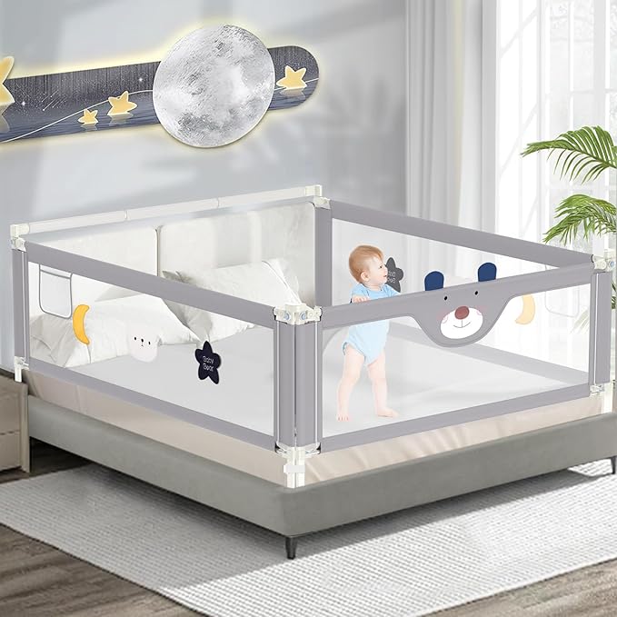 3-Piece Bed Rail for Toddlers with Headboard Rod, Adjustable Baby Bed Rail Guard (78.7 * 78.7 * 74.8 Inch-King Size)