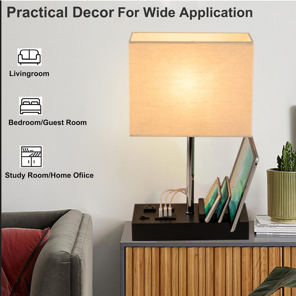 Briever USB Table Lamp, Multi-Functional Desk Lamp with 2 AC Outlets, Bedside Lamp with 3 USB Charging Ports and Wooden Phone Stands, Nightstand Lamp for Bedroom, Livingroom, Office, Linen Shade