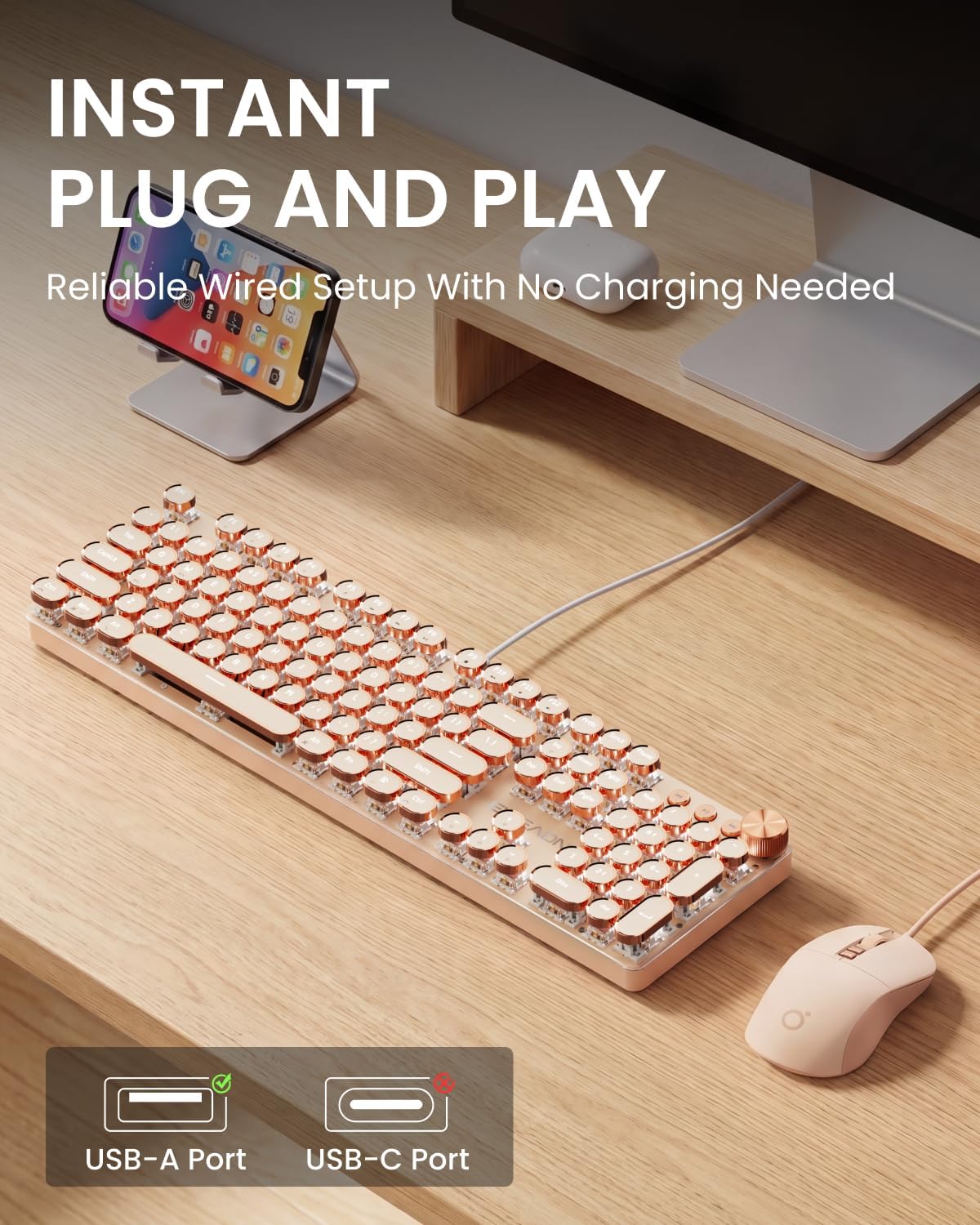 Wired Typewriter Keyboard and Mouse Combo, White Backlit, Soft Clack, Knob