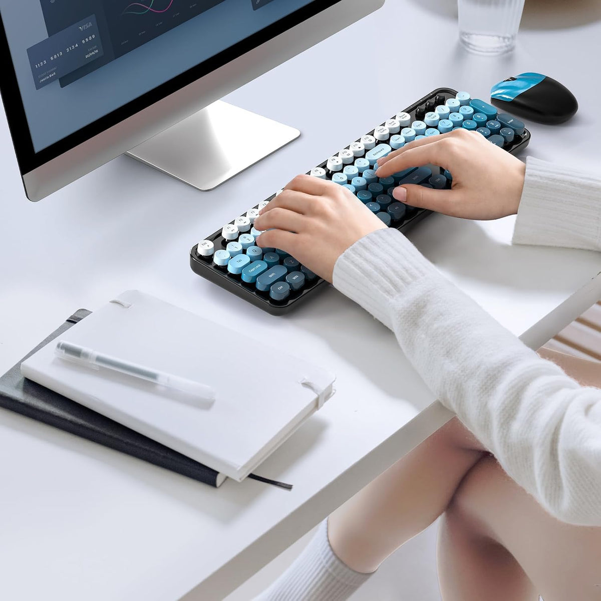 MOFII Wireless Keyboard and Mouse Combo, 2.4GHz Retro Typewriter Keyboard Full Size, Cute Wireless Mice, USB Dongle Plug and Play, for Laptop, PC, Desktop, Windows (Black Blue Gradient Color)