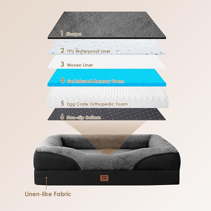 EHEYCIGA Orthopedic Dog Bed for Large Sized Dog, 36x27x7 Inch Large Memory Foam Dog Couch Bed with Sides, Waterproof Liner & Washable Removable Cover, Bolster Pet Sofa, Grey/Black
